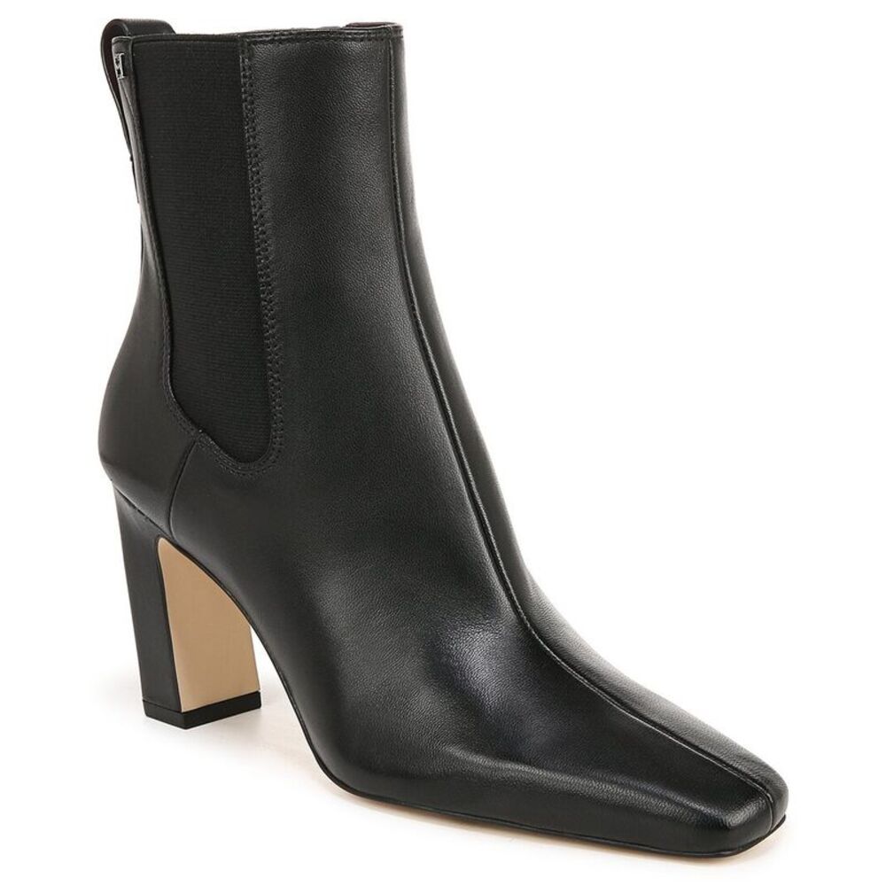 Franco Sarto Black Leather Square-Toe Block Heel Ankle Boots